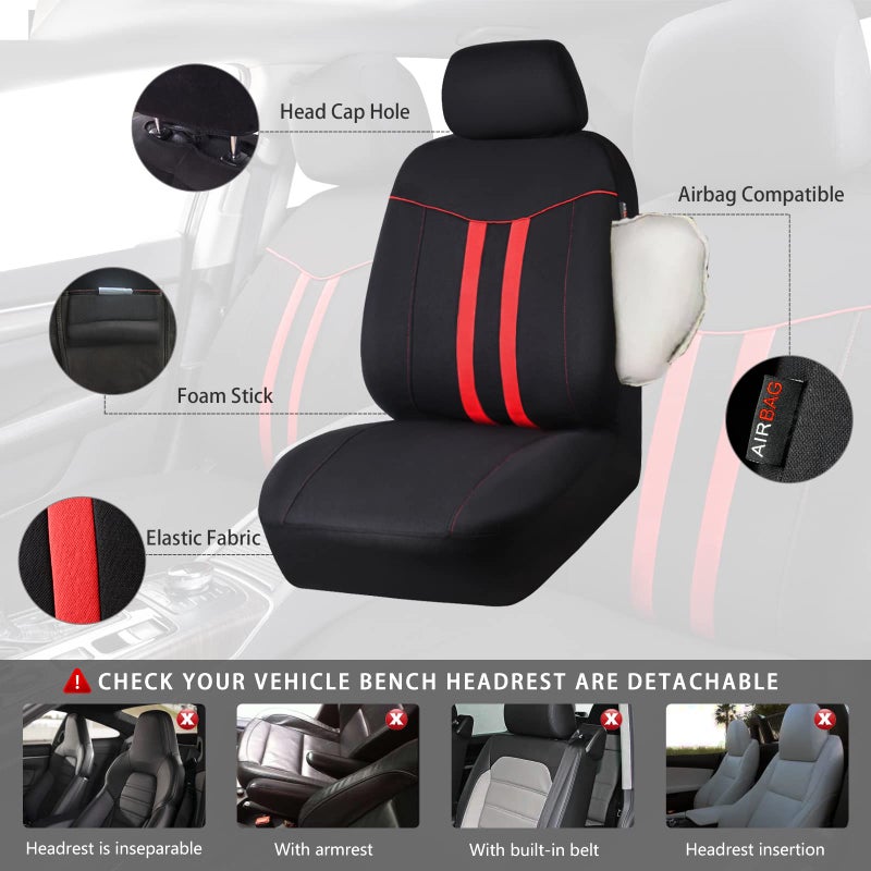 CAR-GRAND Universal Stylish Piping Cloth Car Seat Covers Full Set, Breathable and Washable Automotive Seat Covers with Air Compatible,3 Zipper Bench Design,Fit 90% SUV,Truck,Sedan (Black and Red) - Image 3